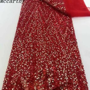Red African Groom Lace Fabric 2025 High Quality Beads Bridal Lace Fabric Luxury Sequins Nigerian French Embroidery for Wedding