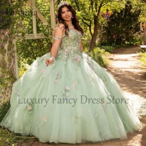 Mexican Green Flowers Quinceanera Dress Ball Gown Off The Shoulder 3D Floral Appliques Beading Corset Sweet 16 Vestidos XV Años