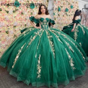 EVLAST Customized 2025 Shiny Green Quinceanera Dress Ball Gown Gold Lace Applique Beading Bow Sweet 16 Vestido De 15 Anos E1Q471