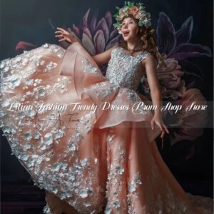 Pink Princess Flower Girl Dresses Glitter 3D Flower Applique Ruffle Mini Quinceanera Dresses Birthday Party فساتين سهرة Custom