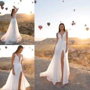 2024 Fashion’s latest sexy V-neck sleeveless lace sleeveless applique with removable train side slit custom wedding dress