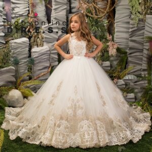 BABYONLINE Customzied Flower Girl Dress Lace Appqulies Bodice Sleeveless Open-back Organza Ball Gown Fomral Party Gown Kids