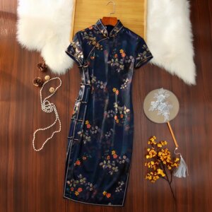 Spring and Summer New High Quality Real Silk Printed Mid-Length Improved Retro Chinese Cheongsam Qipao Women’s Dress