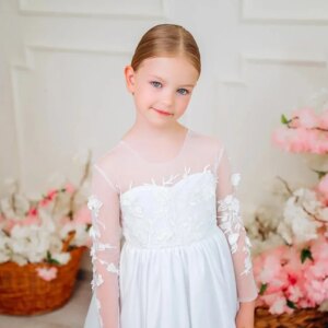 Flower Girl Dresses Princess Dress White Satin Appliques With Bow Long Sleeve For Wedding Birthday Party Banquet Princess Gowns