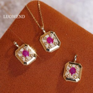 LUOWEND 100% 18K Yellow Gold Necklace Shiny Diamond Natural Ruby Pendant Necklace for Women Christmas Gift High Gemstone Jewelry