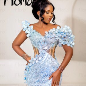 Light Blue Mermaid Evening Dress Silver Leaf Off Shoulder Wedding Party Gowns Customized Formal Occasion Dresses Robes De Soirée