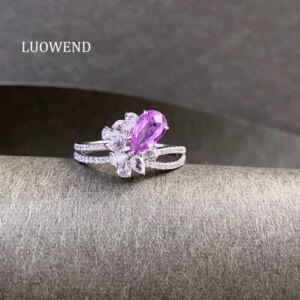 LUOWEND 100% 18K White Gold Rings Romantic Luxury Diamond Natural Pink Sapphire Engagement Ring for Women High Wedding Jewelry