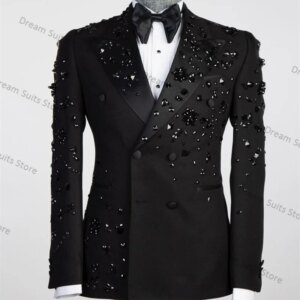 Crystals Black Men Suit Pants Set 2 Piece Blazer+Trousers Customized Formal Office Business Jacket Prom Wedding Tuxedos Coat