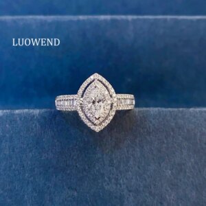 LUOWEND 100% 18K White Gold Rings Real Natural Diamond Engagement Ring for Women Fashion Marquise Cut Design High Party Jewelry