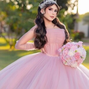 Customized Pink Off Shoulder Quinceanera Dress Lace crystal Tull sequin ruffle Long tail vestidos de 15 Quinceanera