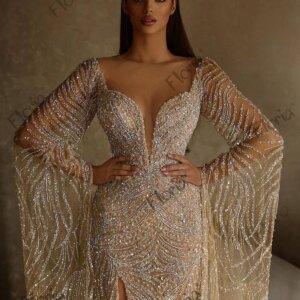 Beading Long Cape Sleeve Champagne Evening Dress Elegant Formal Host Dress Arabic Women Wedding Guest Party Dress Custom Made