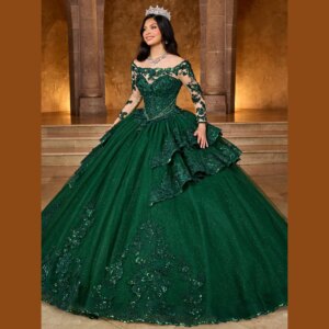 Sparkly Green Princess Vestido De 15 Quinceañera Long Sleeves Boat Neck Ball Gown Quinceanera Dresses Customized Sweet 16 Dress