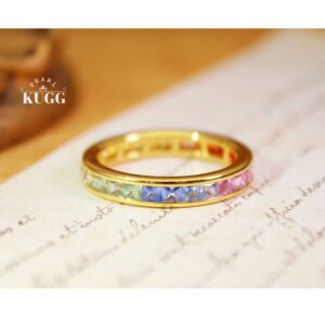 KUGG 100% 18K Yellow Gold Rings Elegant Rainbow Design Natural Color Sapphire Engagement Ring for Women High Wedding Jewelry