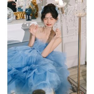 Temperament Tube Top Light Wedding Dress 2025 New Blue Birthday Party Backless Formal Dress Women Elegant Evening Dresses