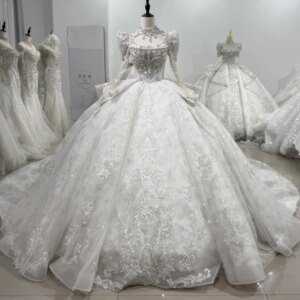 Robe De Mariée Femme Long Sleeve Scoop Wedding Dress Lace Up Back Ball Gown Embroidery Sequined Beading Crystal Bridal Dress