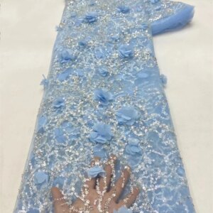 Latest African Sequins Lace Fabric 2024 High Quality Lace Embroidery Beaded Blue Fabric 5 Yards For Women Wedding Party Dress