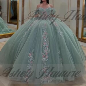 Customized Luxury Mint Quinceanera Dresses Ball Gown Flower Applique Sweep Train Women Prom Special Occasion Wear Vestido 15 16