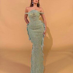 Sparkly Pearls Sheath Long Evening Dress For Women Gorgeous Feathers Off Shoulder Wedding Party Gown Customized Prom Dresses