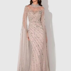 Customized 2025 Tulle Formal Dresses High Collar Sequined Mermaid Evening Dresses for Women Party Dress Cap Sleeves Prom Dress