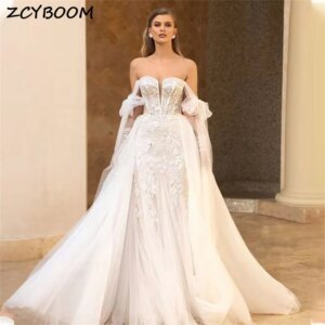 Modern Appliques Tulle Deep V-neck Bow Mermaid Wedding Dresses For Women 2025 Detachable Sleeves Sweep Train Vestidos De Noiva