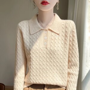 Autumn and Winter New Wool Collar Women’s Thread Twisted Flower Elegant Slim-Fit Long Sleeves Knitted Pullover Swe