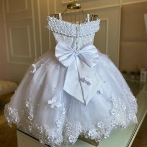 Cute White Pearls Flower Girls Dress Customized First Birthday Princess Bow Back Tulle Christmas New Ball Gown Photoshoot Party