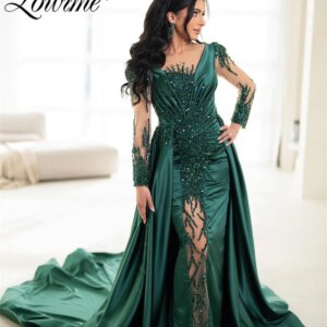 Arabic Green Beaded Satin Mermaid Prom Dresses Long With Overskirt Elegant Evening Dresses 2024 For Women Party Gown Long Sleeve