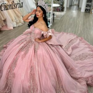 Pink Off The Shoulder Bow Quinceanera Dresses Ball Gown Appliques Lace Beading Sweet 15 Años Mexican Customized