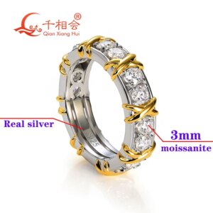 X yellow gold plated 3mm round D vvs moissanite stone Eternity Band ring 925 Sterling Silver Jewelry Ladies men Rings Engagement