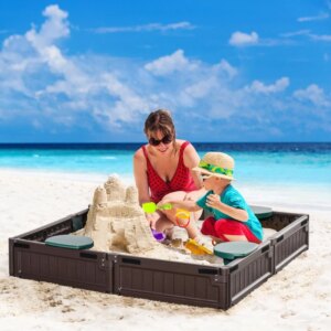 Kids Outdoor Sandbox with Cover Garden Bed, Easy Assembly Children’s Play Station for Backyard, Brown, 48.5″ x 48.5″ x 8.25″