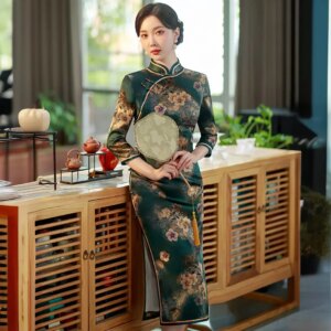 High Quality Real Silk Cheongsam Qipao Graceful Republic of China Style Wide Lady Long 3/4 Sleeves Dress