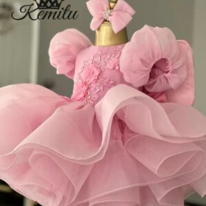 New Pink Flower Girl Dress Puffy Tulle Tutu Dress for Kids  Girls First Birthday Party Ball Gown