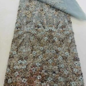2025 Luxury Beaded Lace Fabric High Quality African Beads Embroidery Sequins Beaded Tulle Lace Fabric for Evening Dresses
