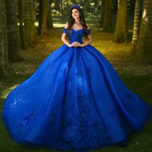 Royal Blue Shiny Princess Quinceanera Dresses Off Shoulder Appliqued Lace Beads Tull Sweet 16 Dress Ball Gown Vestidos 15 De Ano