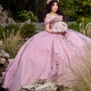 Customized Shiny Pink Off Shoulder Quinceanera Dress sequin applique Tull 3D flower vestidos de 15 Quinceanera 