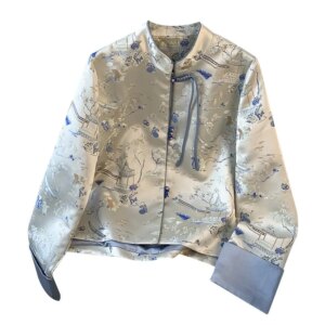 New Chinese style standing collar tray button jacquard brocade weaving gold heavy industry embroidery blouse cardigan lady coat