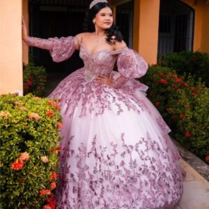 Customized Shiny Pink Off Shoulder Quinceanera Dress sequin applique crystal flower Bow layering vestidos de 15 Quinceanera