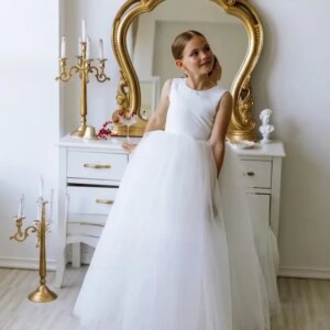 Ball Gown Girls Dresses for Party and Wedding Pearl Flower Girl Dress Ivory Satin Girl Tulle Tutu First Birthday Dress Girl