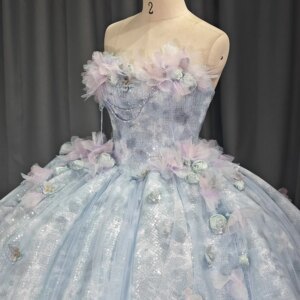 Customized Off-Shoulder Blue Strapless Evening Dress Quinceanera Dresses Frill Elegant Banquet Party Vestidos Dy6819