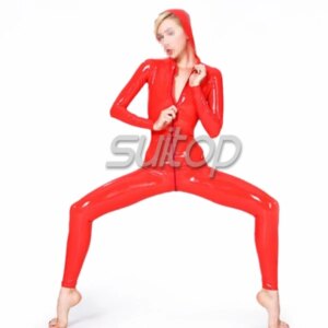 100% handmade nature latex sexy red catsuit attached cap rubber body suit form women