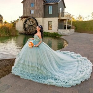 Customized Shiny Mint Green Off Shoulder Quinceanera Dress Tull applique layering Long tail Bow vestidos de 15 Quinceanera