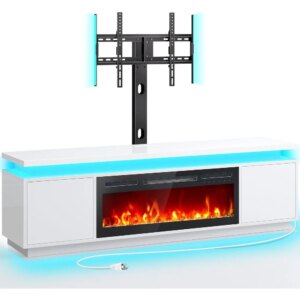 Fireplace TV Stand with Led Lights and Power Outlets, TV Stand Mount with 36″ Electric Fireplace, White Entertainment Center fo