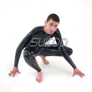 Suitop  black rubber catsuit with front zip through crotch