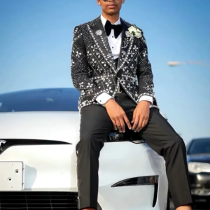 Black Handmade Crystal Beading Evening Party Men Suits Two Pieces Blazer Groom Wear ( Jacket + Pants )