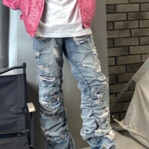 Techwear Style Punk Vibe Distressed Whisker Washed Destroyed Fit Pleated Jeans Trousers Men’s Pants