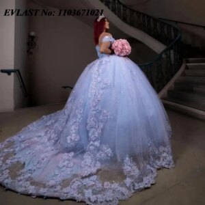 EVLAST Customized Blue Quinnceanera Dress Ball Gown Floral Applique Beading Mexican Corset Sweet 16 Vestidos De 15 Anos SQ561