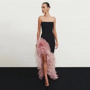 Elegant Pretty High Stretchy Asymmetrical Long Formal Dresses With Handamde Flower Folded Women Party Dress Holiday Gowns