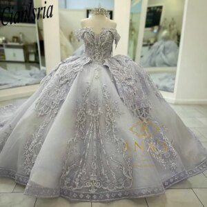 Romantic Off The Shoulder Beading Crystal Quinceanera Dresses Ball Gown Appliques Lace Sweet 15 Años Mexican Customized