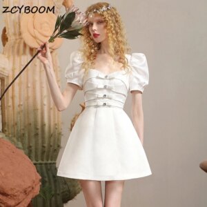 Customized Elegant Square Neck Satin Short Puff Sleeves 2025 Short Evening Dresses With Bow for Women Party Dresses Prom Dress