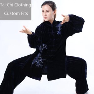 Tai Ji Suit Women’s Autumn and Winter New Men’s Dark Blue Silk Velvet Embroidery Bamboo Long Thickened Warm